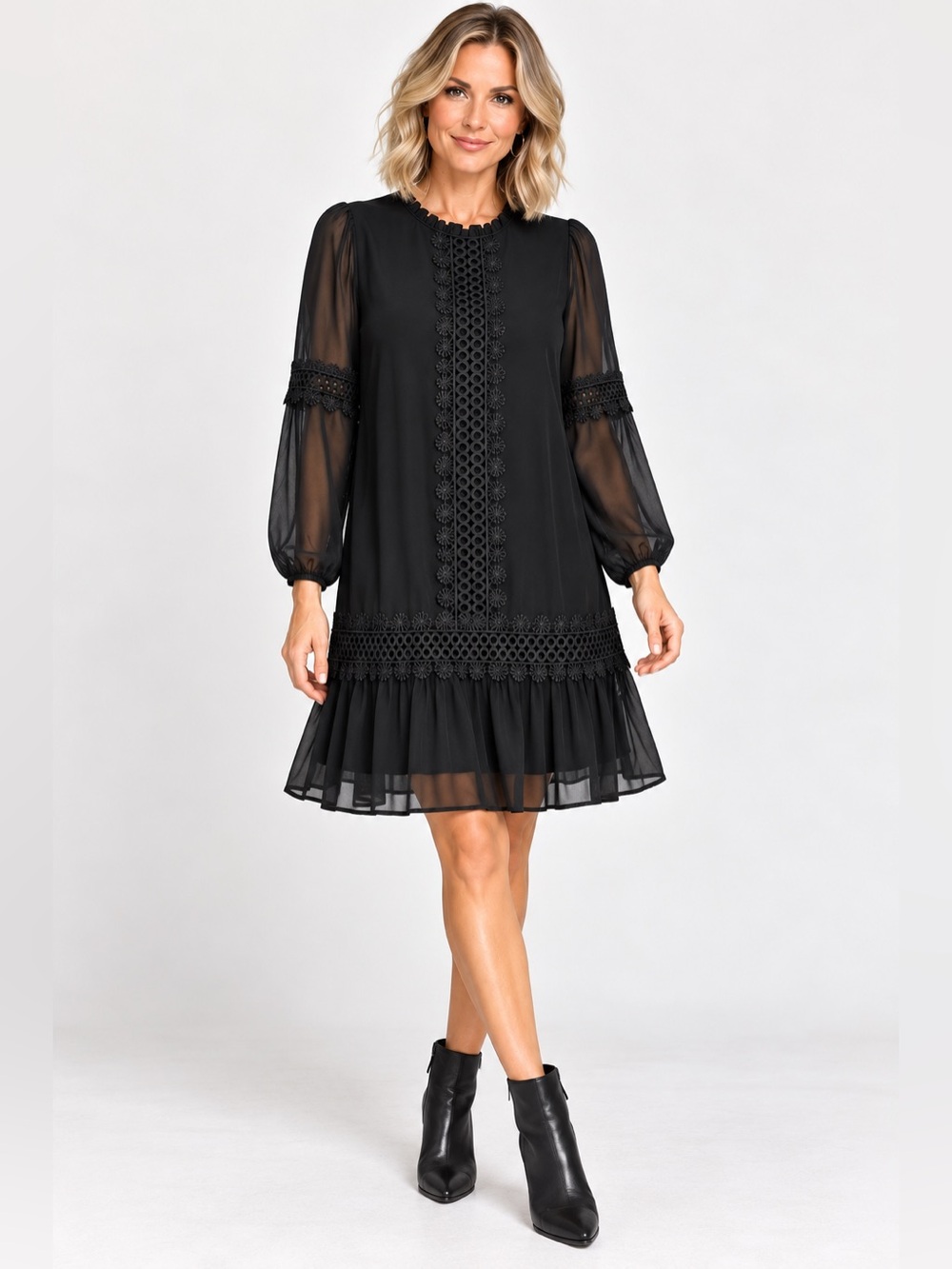 KAFFE NWT Black Lace-Trim Long Sleeve fully lined Dress size 8